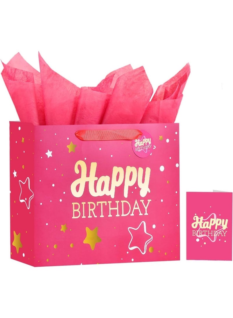 JOSQUEWNN Pink Happy Birthday Gift Bag with Tissue Paper and Greeting Card for Party,Happy Birthday Gift Bag for Men Women,Gift Bags Medium size(1 PCS 33*12*26cm Pink Hot Stamping) - Image 1